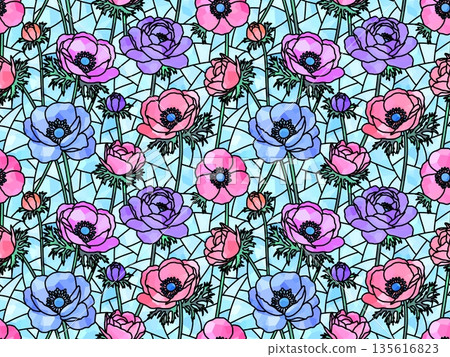 Anemone stained glass seamless pattern C-3' 135616823