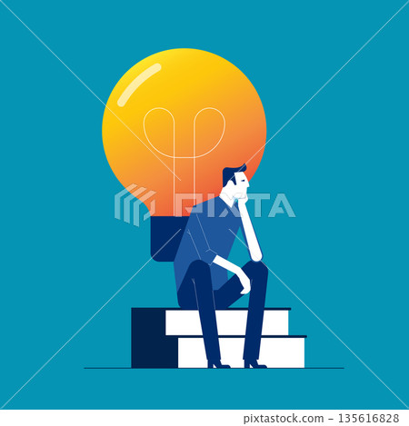 Brownout. The man sitting under a large glowing lightbulb and thinking, symbolizes new ideas. Brownout. The man sitting under a large glowing lightbulb and thinking, symbolizes new ideas. 135616828