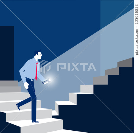 Searching a path. A man is walking up a staircase in the dark, using a flashlight to illuminate the path ahead. Searching a path. A man is walking up a staircase in the dark, using a flashlight to illuminate the path ahead. 135616838