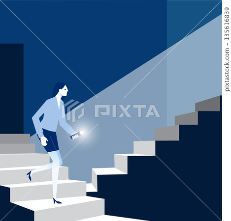 Searching a path. A woman is walking up a staircase in the dark, using a flashlight to illuminate the path ahead. 135616839