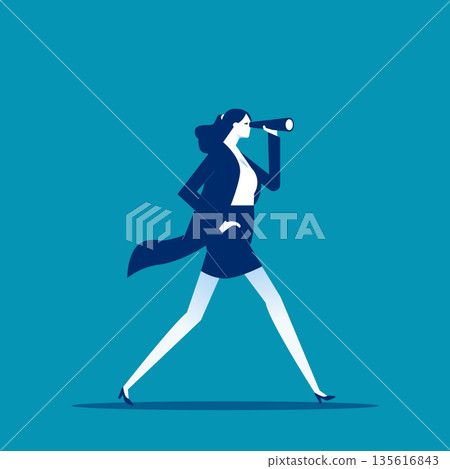 Businesswoman walking with spyglass tube. Business vector style 135616843