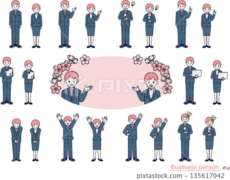 New employee/rookie training pose set, cherry blossom background, men and women, business, line drawing, vector New employee/rookie training pose set, cherry blossom background, men and women, business, line drawing, vector 135617042