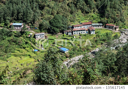 View of local Sherpa village in Sagarmatha national park, Nepal. Sherpa villages are traditional settlements in the high Himalayas of Nepal, particularly in the Solu-Khumbu region (Everest area). View of local Sherpa village in Sagarmatha national park, Nepal. Sherpa villages are traditional settlements in the high Himalayas of Nepal, particularly in the Solu-Khumbu region (Everest area). 135617145
