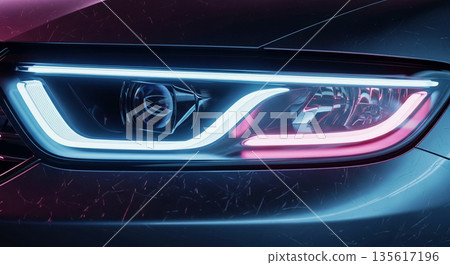 Close Up Modern Car LED Headlight DRL Blue Purple Lighting Dynamic Automotive Design Background 135617196