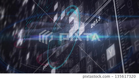 Floating circular HUD graphic pulsing on screen featuring streams or tiles or flares timeline 2006 o 135617320