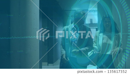 Walking colleagues in suits carrying bags navigating office hallway with data overlay Walking colleagues in suits carrying bags navigating office hallway with data overlay 135617352