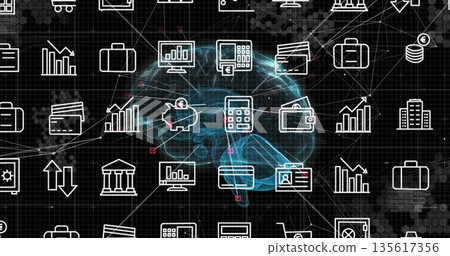 Displaying holographic blue brain floating on dark grid network, with white line finance icons Displaying holographic blue brain floating on dark grid network, with white line finance icons 135617356