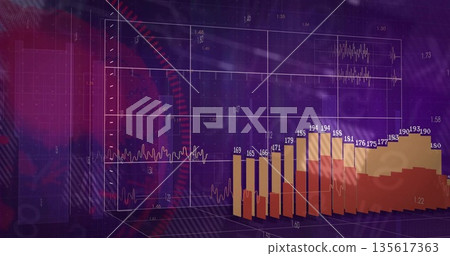 3D bar columns rising in financial dashboard, with wireframe grid and line plots, copy space 3D bar columns rising in financial dashboard, with wireframe grid and line plots, copy space 135617363