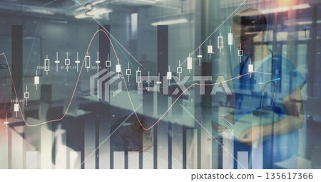 Consulting male doctor reviewing file in clinic, with stethoscope and financial chart overlays Consulting male doctor reviewing file in clinic, with stethoscope and financial chart overlays 135617366
