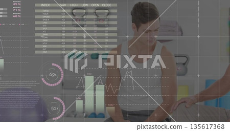 Therapist in blue polo assessing patient knee sitting on bench in clinic, with digital overlays 135617368