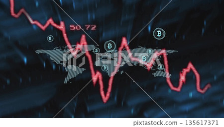Displaying red jagged line graph over dotted world map on dashboard, with Bitcoin icons 50 Displaying red jagged line graph over dotted world map on dashboard, with Bitcoin icons 50 135617371