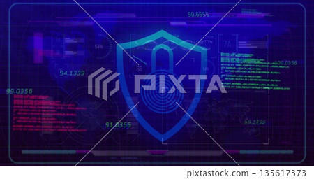 Showing shield bearing padlock and fingerprint design at center of neon HUD, with numeric readouts Showing shield bearing padlock and fingerprint design at center of neon HUD, with numeric readouts 135617373