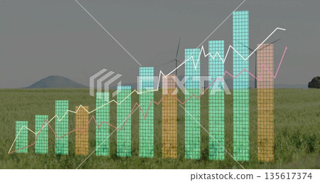 Displaying translucent green-orange columns over crop field turbine, white-yellow-pink trend lines Displaying translucent green-orange columns over crop field turbine, white-yellow-pink trend lines 135617374