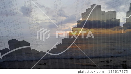 Overlaying blocky bar chart silhouette and data codes over waves at dusk, with ascending line graph Overlaying blocky bar chart silhouette and data codes over waves at dusk, with ascending line graph 135617375