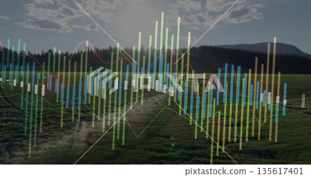 Displaying translucent data overlay covering rural farmland, with vertical bar and line graphs Displaying translucent data overlay covering rural farmland, with vertical bar and line graphs 135617401