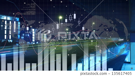 Overlaying financial charts, world map and code snippets onto nighttime street with light trails Overlaying financial charts, world map and code snippets onto nighttime street with light trails 135617405