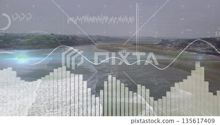 Presenting aerial coastal tidal flats merging with digital data overlay showing bar and line graphs Presenting aerial coastal tidal flats merging with digital data overlay showing bar and line graphs 135617409