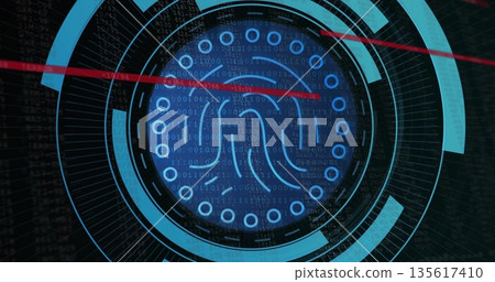 Blue fingerprint scanner display glowing in digital interface, with red scanning beam, binary grid Blue fingerprint scanner display glowing in digital interface, with red scanning beam, binary grid 135617410
