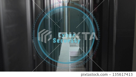 Showing digital circular overlay reading Cyber Security in datacenter, with server racks and grates Showing digital circular overlay reading Cyber Security in datacenter, with server racks and grates 135617413