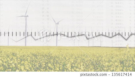 Showing yellow flowering field stretching across rural plain, with wind turbines and graph overlay Showing yellow flowering field stretching across rural plain, with wind turbines and graph overlay 135617414