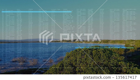 Displaying bay featuring calm blue water on shoreline, with green shrubbery and overlaid data table Displaying bay featuring calm blue water on shoreline, with green shrubbery and overlaid data table 135617417