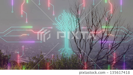 Displaying neon circuit-tree icon overlaying misty hilltop, with bare branches and circuit lines Displaying neon circuit-tree icon overlaying misty hilltop, with bare branches and circuit lines 135617418