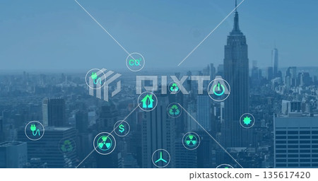 Towering central skyscraper dominating NYC skyline, with floating recycling and solar tech icons Towering central skyscraper dominating NYC skyline, with floating recycling and solar tech icons 135617420