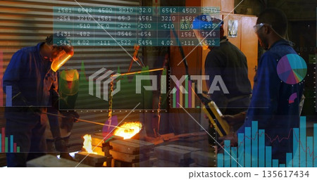 Senior metalworker pouring molten metal from crucible into molds in shop, data overlays Senior metalworker pouring molten metal from crucible into molds in shop, data overlays 135617434