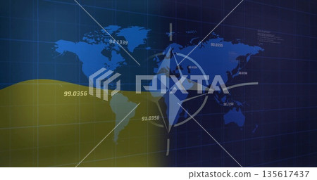 Placing white NATO compass rose emblem on grid map, showing data labels and yellow-blue wave 135617437