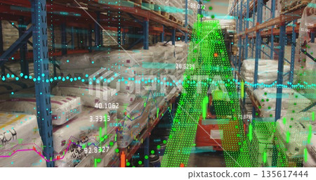 Red forklift navigating warehouse aisle, with blue orange racks holding sacks on pallets and data 135617444
