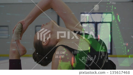 Performing gymnast in leotard backbending holding foot behind head in gymnasium with chart overlays Performing gymnast in leotard backbending holding foot behind head in gymnasium with chart overlays 135617468