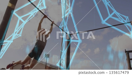 Holding pull-up bar, athletic woman suspending at outdoor gym, with blue overlay, copy space Holding pull-up bar, athletic woman suspending at outdoor gym, with blue overlay, copy space 135617479