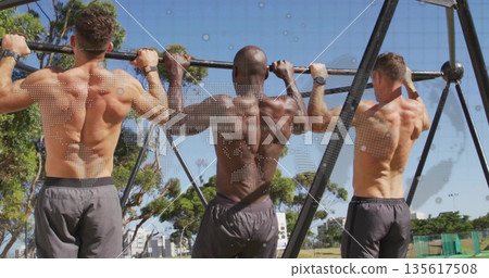 Pulling up bare-chested men wearing dark shorts in park, with metal pull-up bars and wristwatches Pulling up bare-chested men wearing dark shorts in park, with metal pull-up bars and wristwatches 135617508