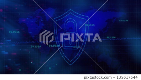 Floating dotted-line shield with padlock icon over world map grid in dashboard, showing data values Floating dotted-line shield with padlock icon over world map grid in dashboard, showing data values 135617544