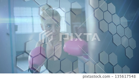Practicing pink-gloved boxer in black sports top hitting punching bag in gym area with hex overlay Practicing pink-gloved boxer in black sports top hitting punching bag in gym area with hex overlay 135617548