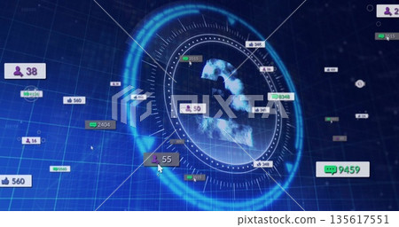Displaying stylized number 2 rotating within HUD gauge on grid floor with floating social badges 135617551