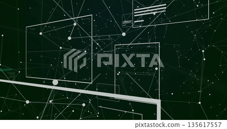 Floating white nodes connecting via thin lines in green cyberspace, with transparent wireframes Floating white nodes connecting via thin lines in green cyberspace, with transparent wireframes 135617557