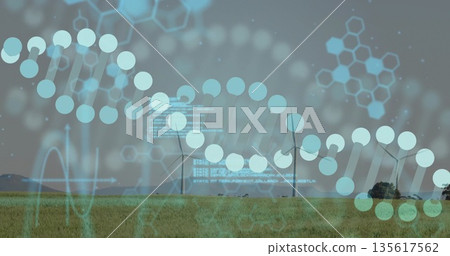 Featuring wind turbines rotating on grassy plain, with DNA helix overlay and molecular structures 135617562