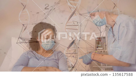 Pointing nurse showing infusion pump beside patient receiving IV line in hospital with DNA graphics 135617588