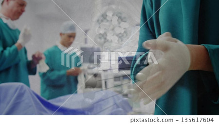 Right surgeon scrubbing hands in operating room, with gloves, molecular model overlay, copy space Right surgeon scrubbing hands in operating room, with gloves, molecular model overlay, copy space 135617604
