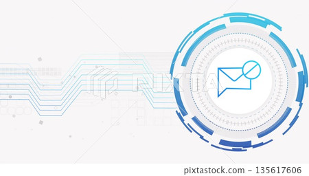 Sending data from circular interface on dashboard, with envelope icon, concentric rings, copy space 135617606