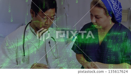 Doctor with tablet and stethoscope and nurse wearing headscarf reviewing code overlay in exam room Doctor with tablet and stethoscope and nurse wearing headscarf reviewing code overlay in exam room 135617624