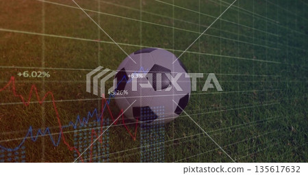 Displaying soccer ball resting on grass pitch, overlaying grid with red and blue line graphs Displaying soccer ball resting on grass pitch, overlaying grid with red and blue line graphs 135617632