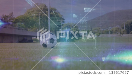 Sitting soccer ball on sports turf, with concrete bench and digital holographic code overlays Sitting soccer ball on sports turf, with concrete bench and digital holographic code overlays 135617637