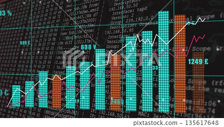 Showing visualization on monitor, turquoise orange bars white magenta lines on code-text background Showing visualization on monitor, turquoise orange bars white magenta lines on code-text background 135617648