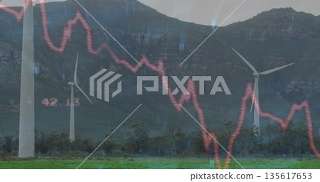 Displaying three white wind turbines rising from field at foothills, with red graph and label 42 135617653