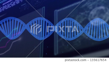 Spanning blue DNA helix on lab UI, with line graphs or alphanumeric readouts or data panels or globe 135617654