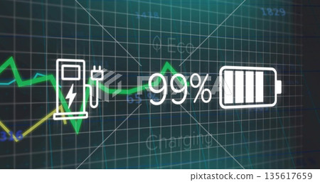 Displaying battery charging status at 99% on vehicle dashboard, with plug icon and line graph 135617659