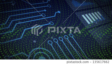 Displaying circuitry pattern in interface with board traces, chip outlines and green binary digits Displaying circuitry pattern in interface with board traces, chip outlines and green binary digits 135617662