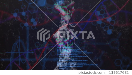 Floating low-poly digital figure interacting with DNA helix in virtual realm, with scrolling code 135617681